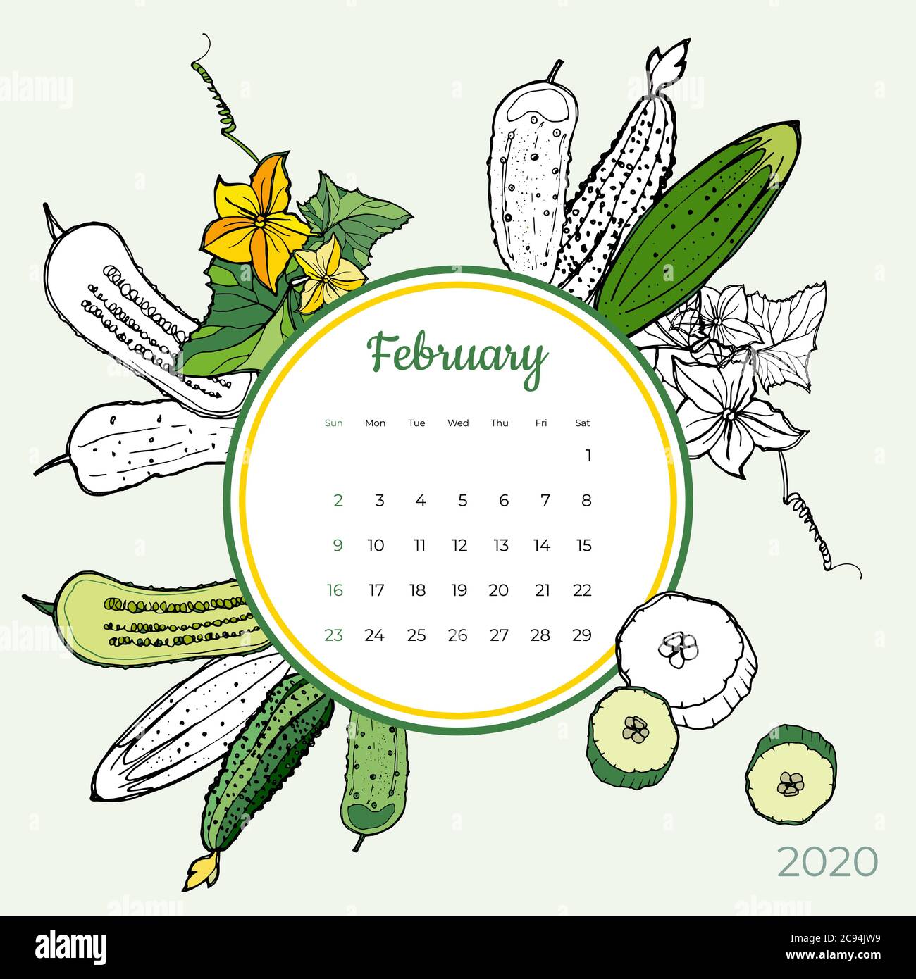2020 February calendar vegetable. Green cucumber groceries art vector