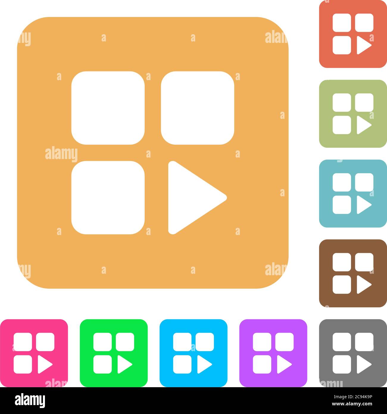Component play flat icons on rounded square vivid color backgrounds. Stock Vector