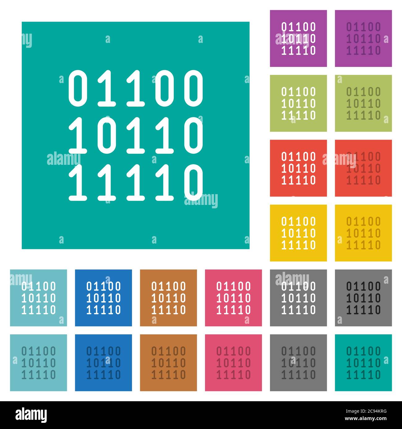 Binary code multi colored flat icons on plain square backgrounds. Included white and darker icon variations for hover or active effects. Stock Vector