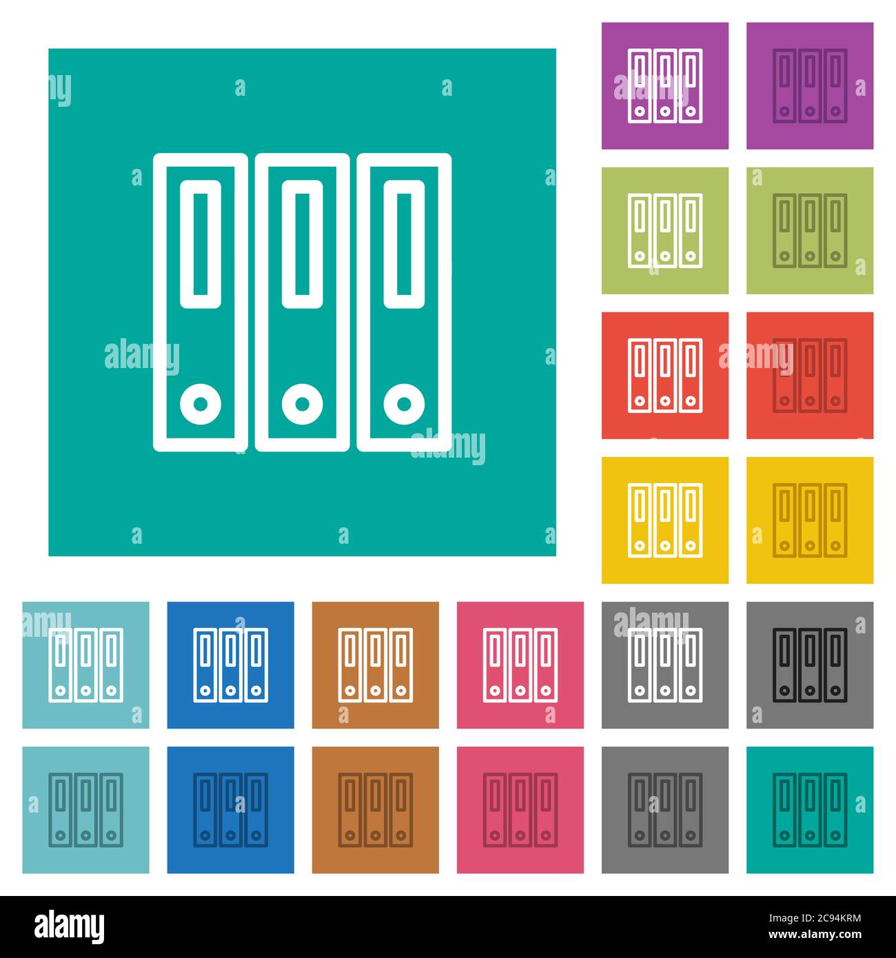Binders multi colored flat icons on plain square backgrounds. Included white and darker icon variations for hover or active effects. Stock Vector