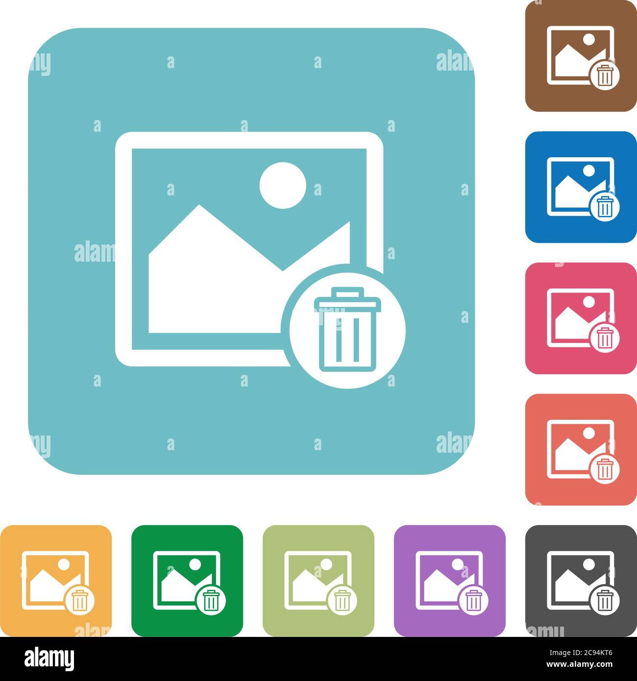 Delete image white flat icons on color rounded square backgrounds Stock Vector