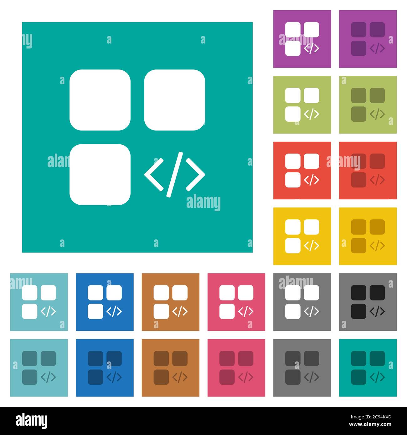 Component programming multi colored flat icons on plain square backgrounds. Included white and darker icon variations for hover or active effects. Stock Vector