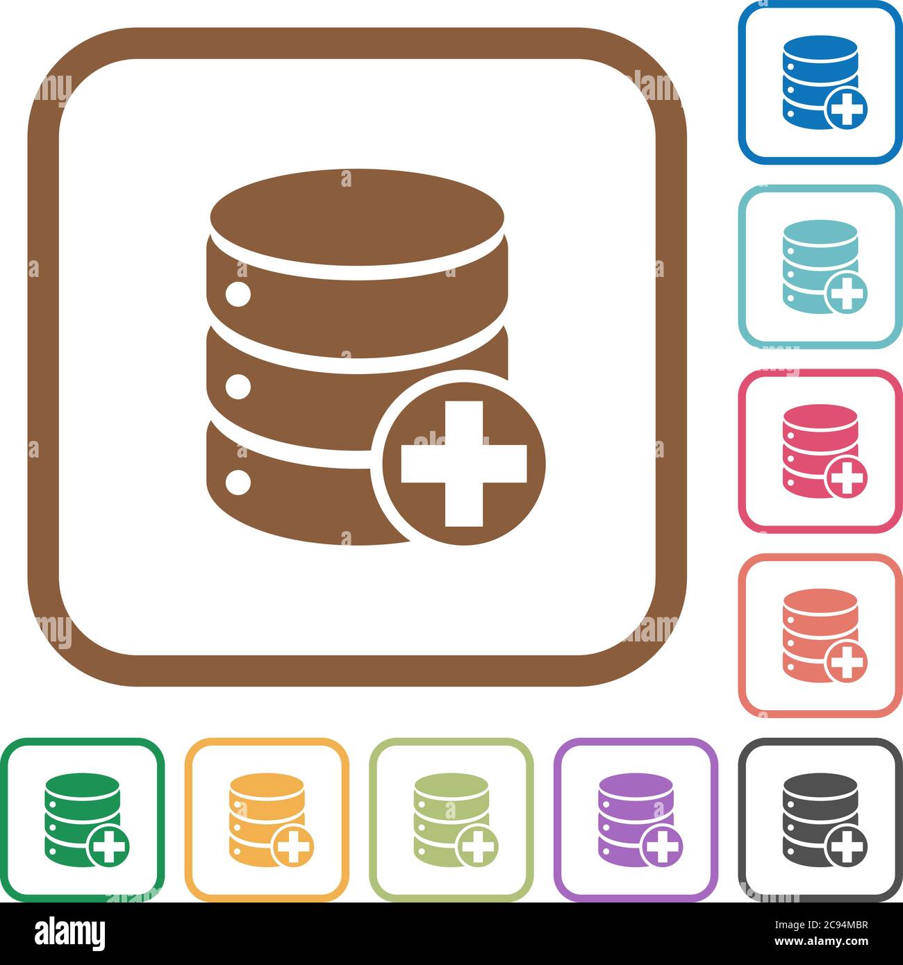 Add to database simple icons in color rounded square frames on white background Stock Vector