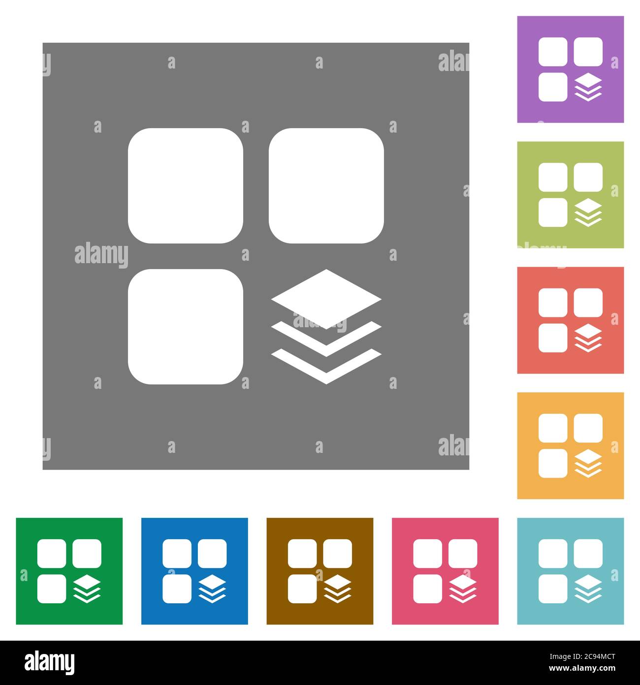 Multiple components flat icons on simple color square backgrounds Stock Vector