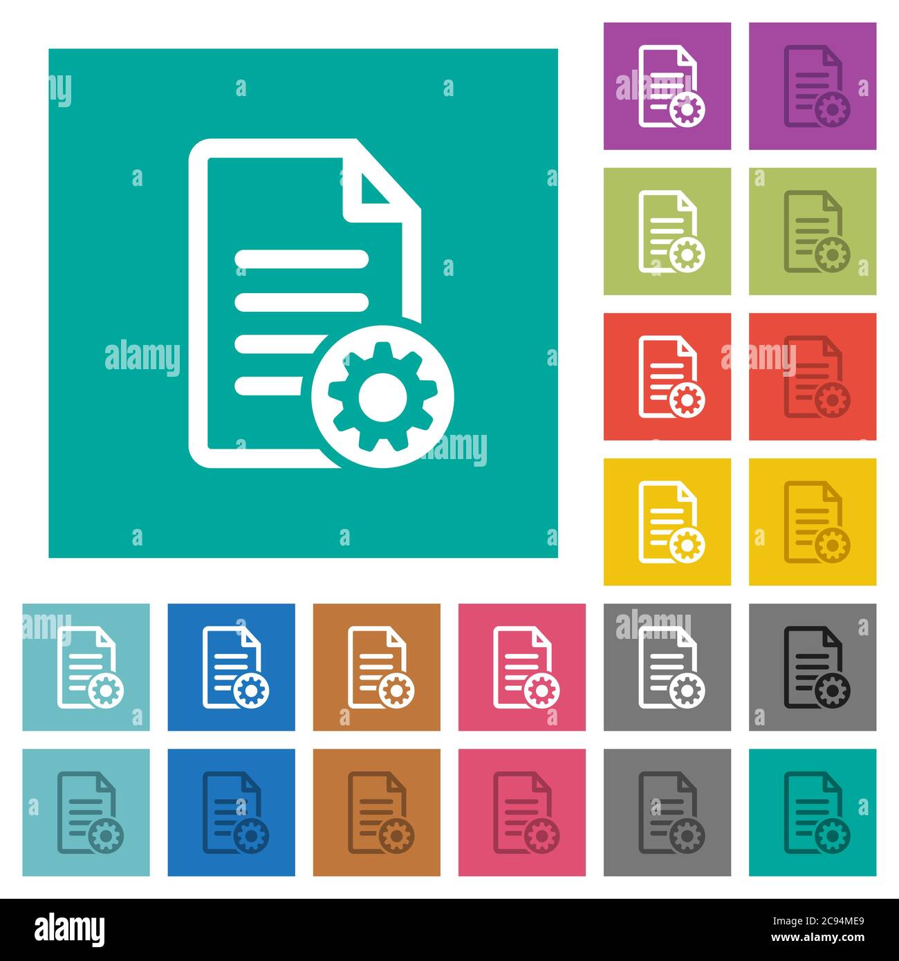 Document settings multi colored flat icons on plain square backgrounds. Included white and darker icon variations for hover or active effects. Stock Vector