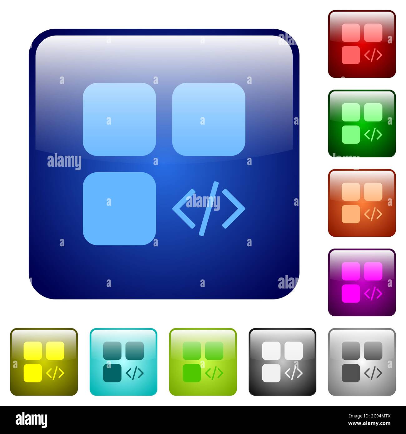 Component programming icons in rounded square color glossy button set ...