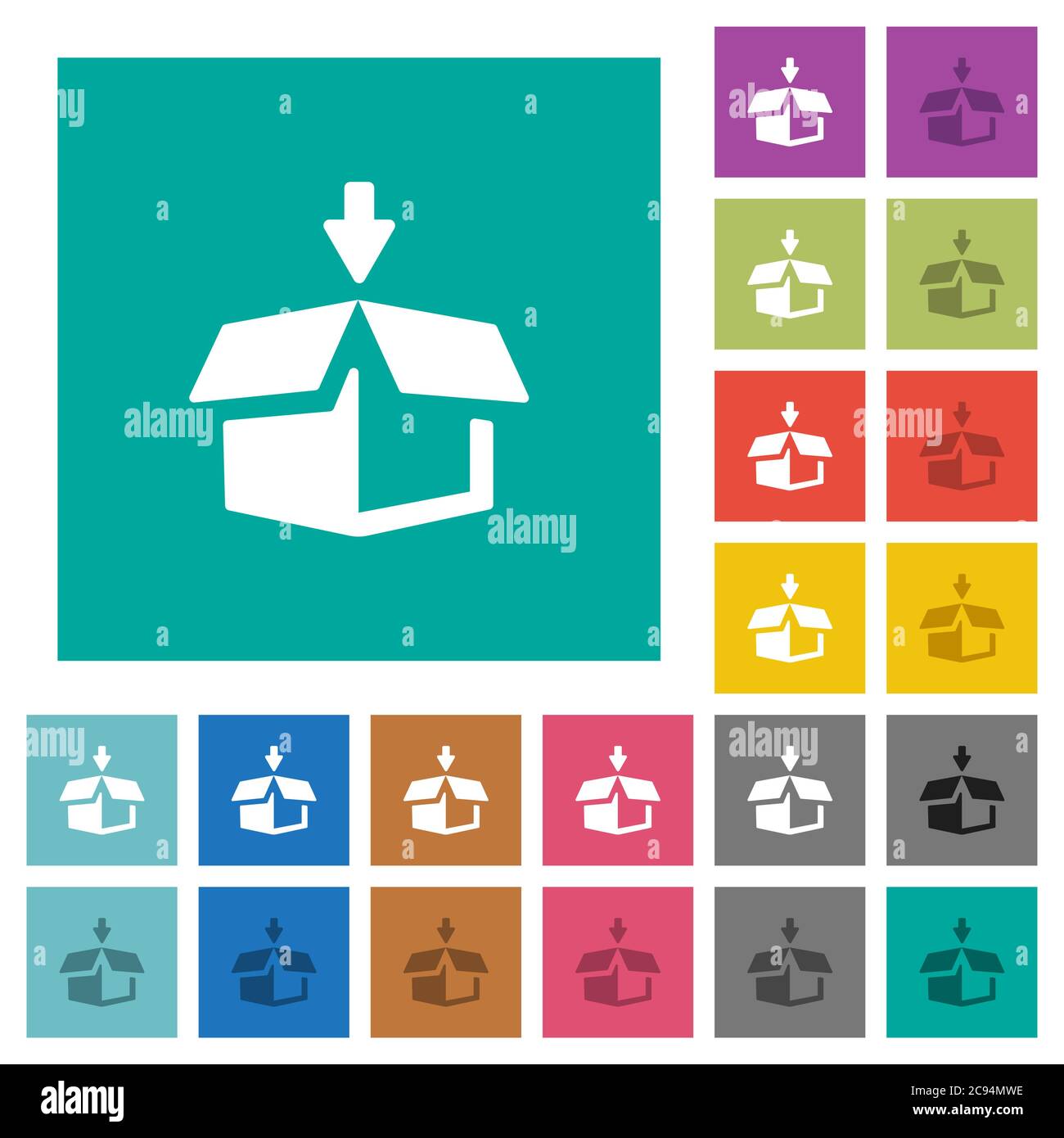 Pack to box multi colored flat icons on plain square backgrounds ...