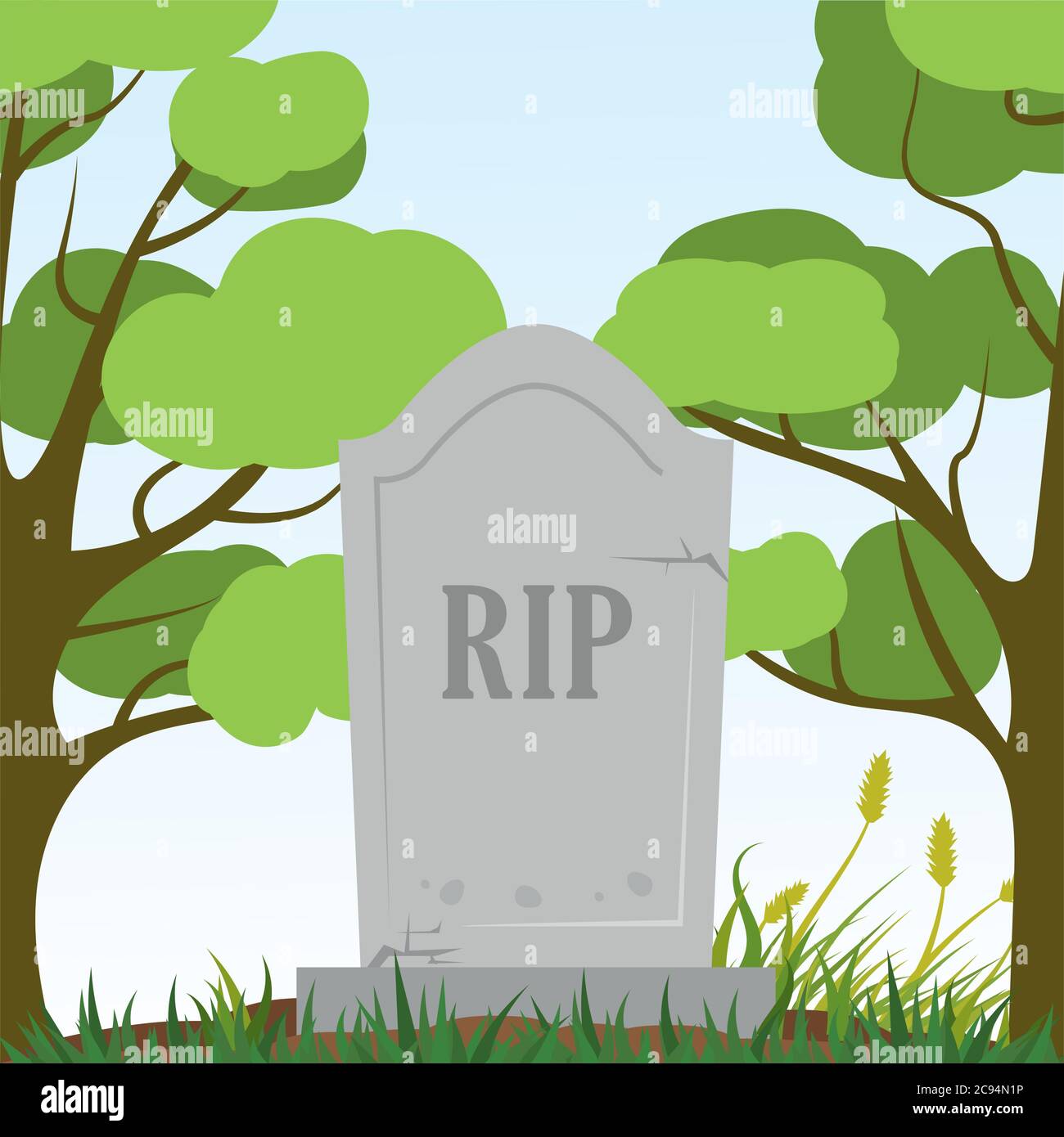 stone tombstone rip,trees and plants on background,flat vector illustration Stock Vector