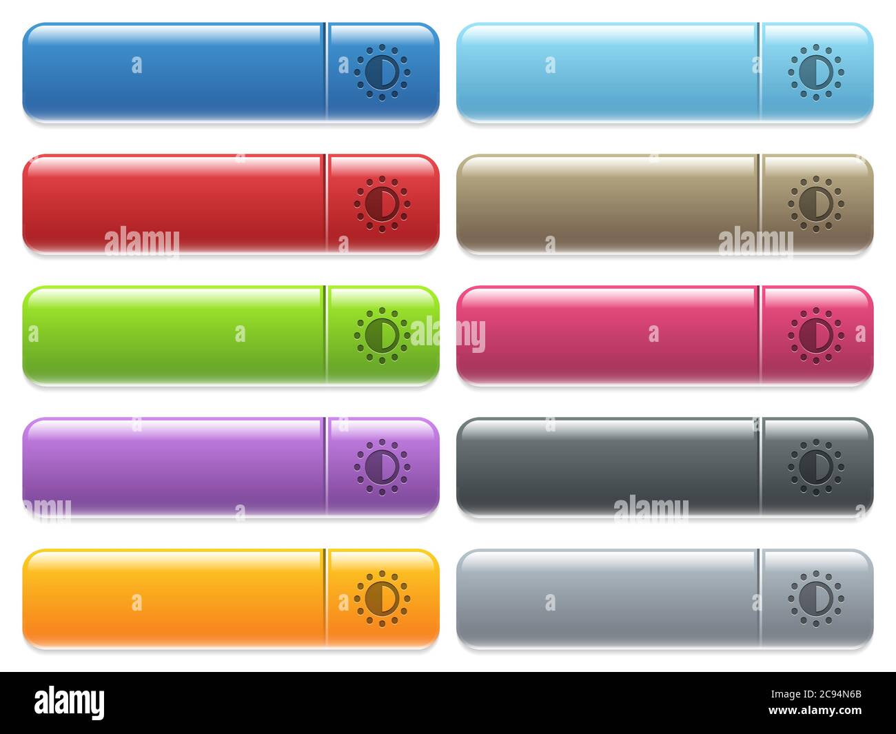 Saturation control engraved style icons on long, rectangular, glossy color menu buttons. Available copyspaces for menu captions. Stock Vector