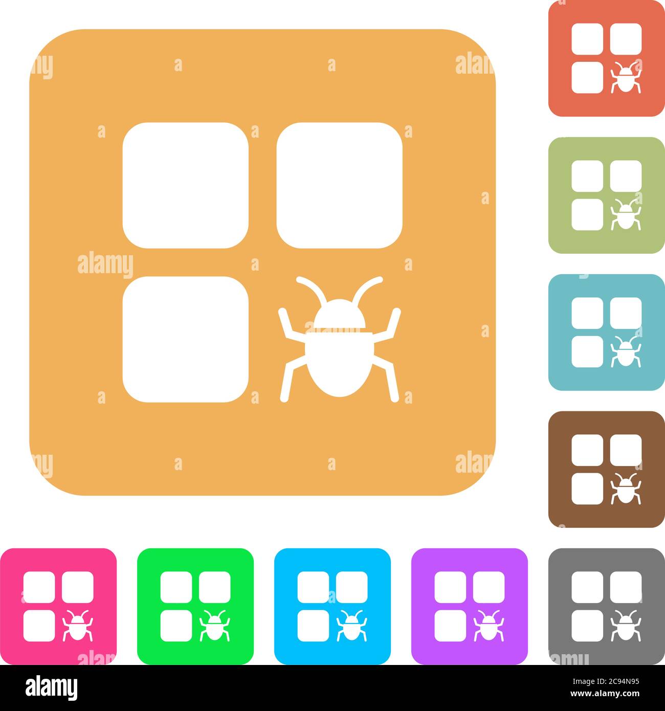 Component bug flat icons on rounded square vivid color backgrounds. Stock Vector