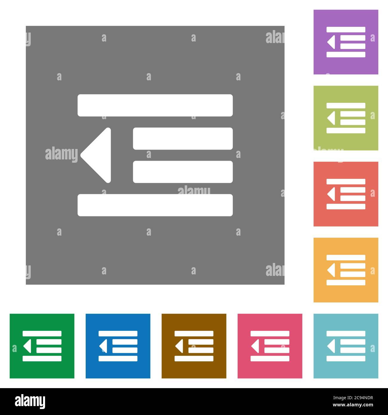 Decrease text indentation flat icons on simple color square backgrounds Stock Vector