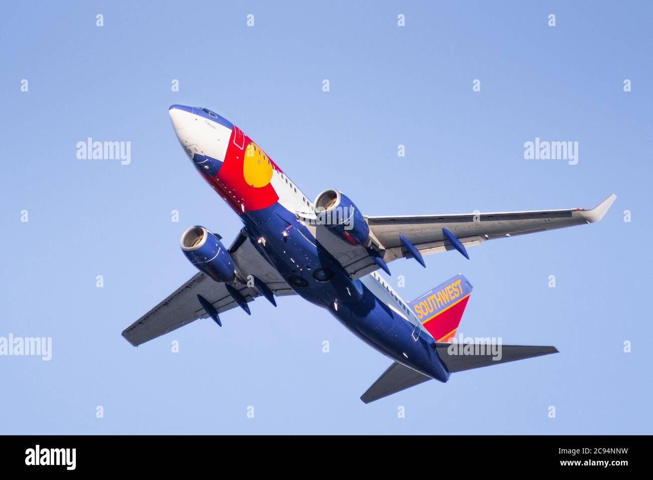 July 22, 2020 San Jose / CA / USA - Colorado One Southwest Airlines taking off from San Jose International Airport (SJC); Colorado One livery is honor Stock Photo