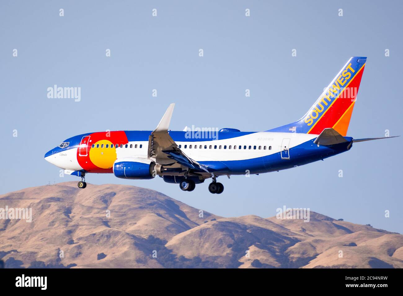 July 22, 2020 San Jose / CA / USA - Colorado One Southwest Airlines landing at San Jose International Airport (SJC); Colorado One livery is honoring a Stock Photo