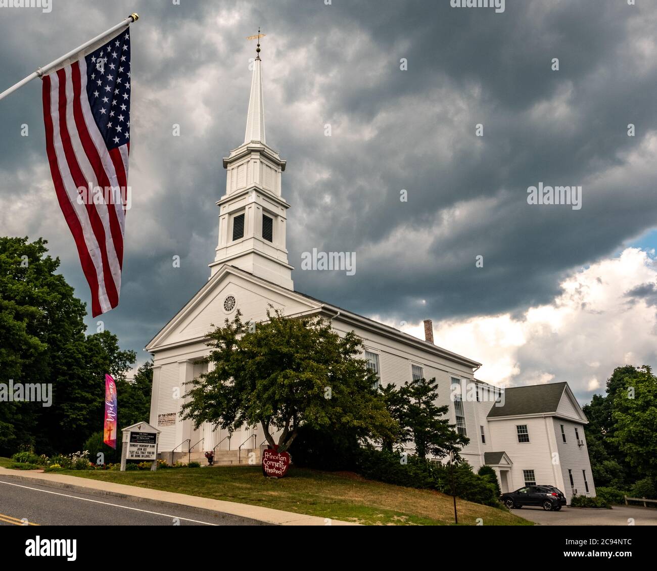 A storm is brewing over the Congregational Church in Princeton, Massachusetts Stock Photo