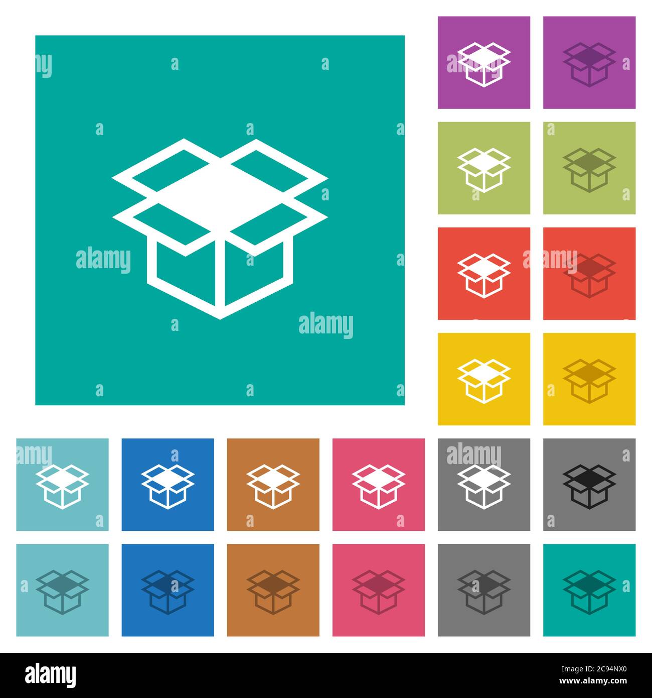 Open box multi colored flat icons on plain square backgrounds. Included white and darker icon variations for hover or active effects. Stock Vector
