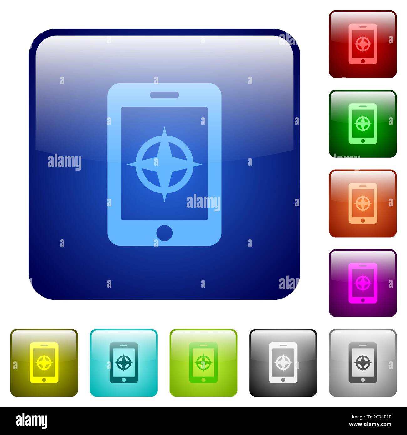 Mobile compass icons in rounded square color glossy button set Stock Vector