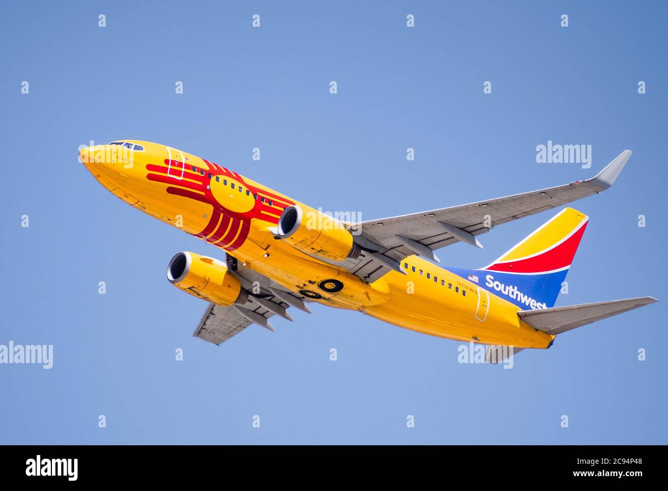 July 23, 2020 San Jose / CA / USA - New Mexico One Southwest Airlines taking off from San Jose International Airport (SJC); New Mexico One is honoring Stock Photo