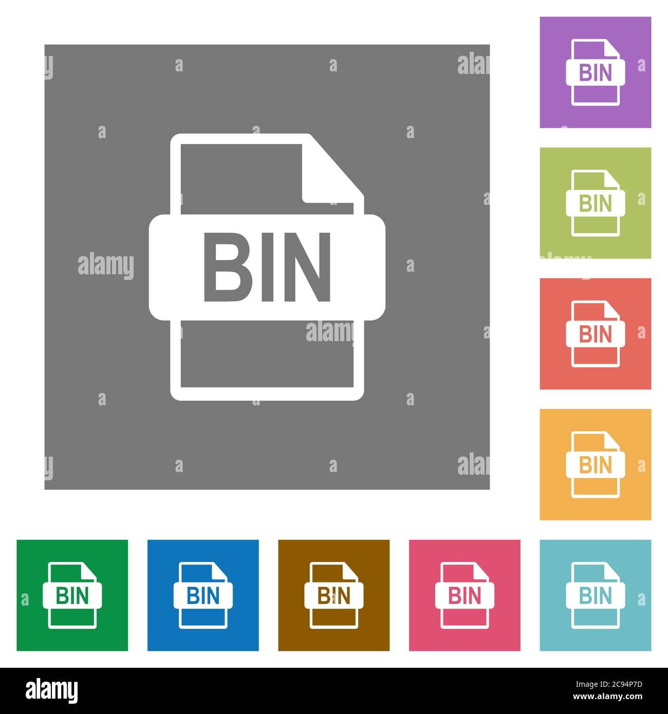 Bin file format flat icons on simple color square backgrounds Stock Vector