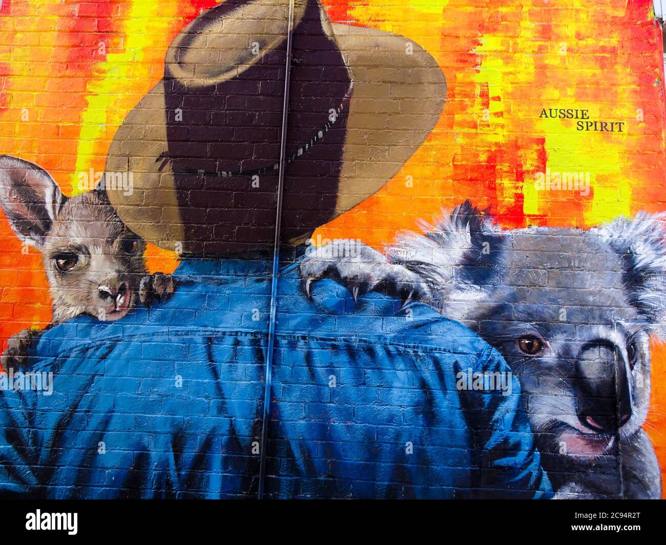 'Aussie spirit' is celebrated in a street art mural in a suburb of Melbourne, Australia, native animals rescued during the 2020 bushfire crisis Stock Photo