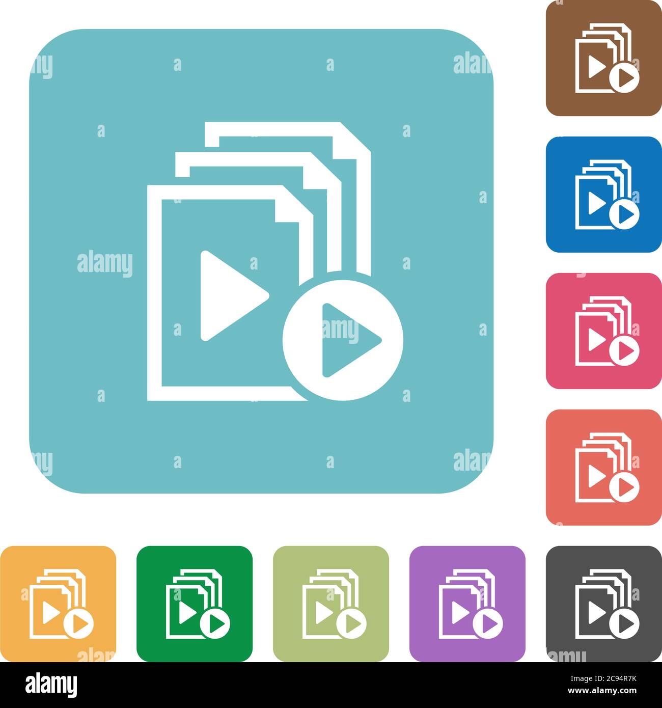Start playlist white flat icons on color rounded square backgrounds Stock Vector