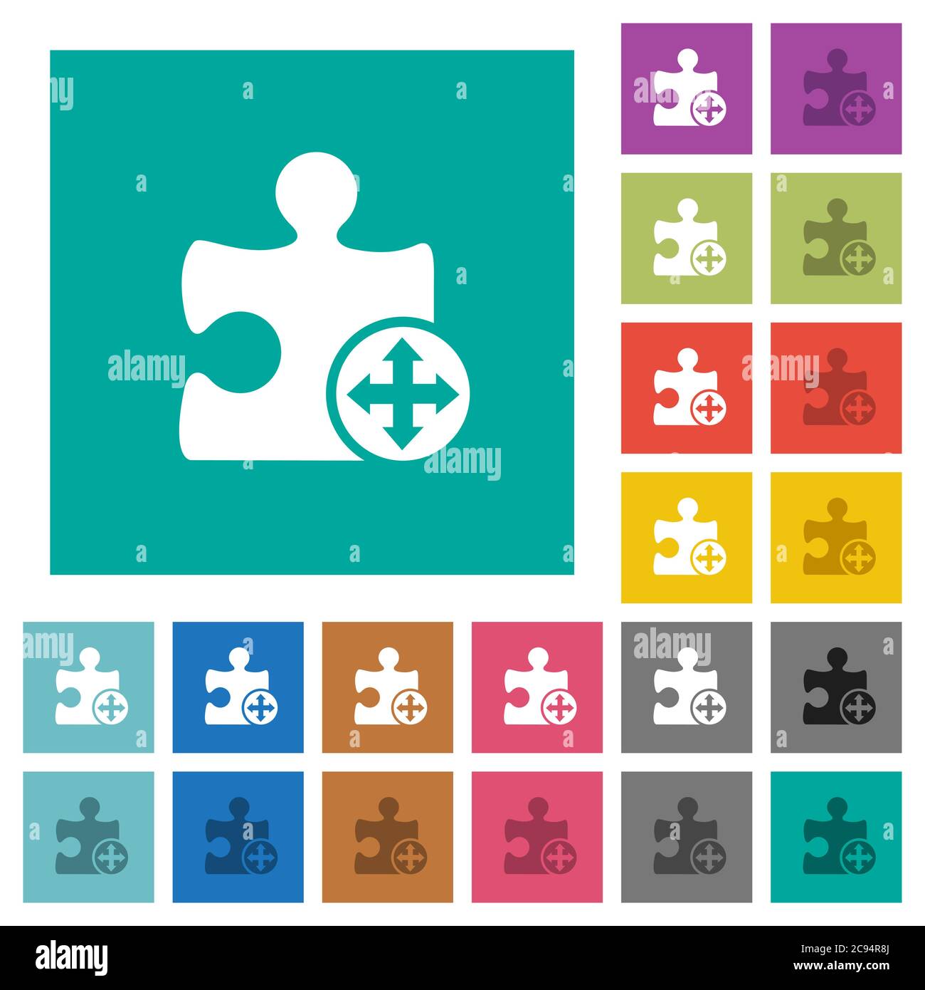 Move plugin multi colored flat icons on plain square backgrounds. Included white and darker icon variations for hover or active effects. Stock Vector