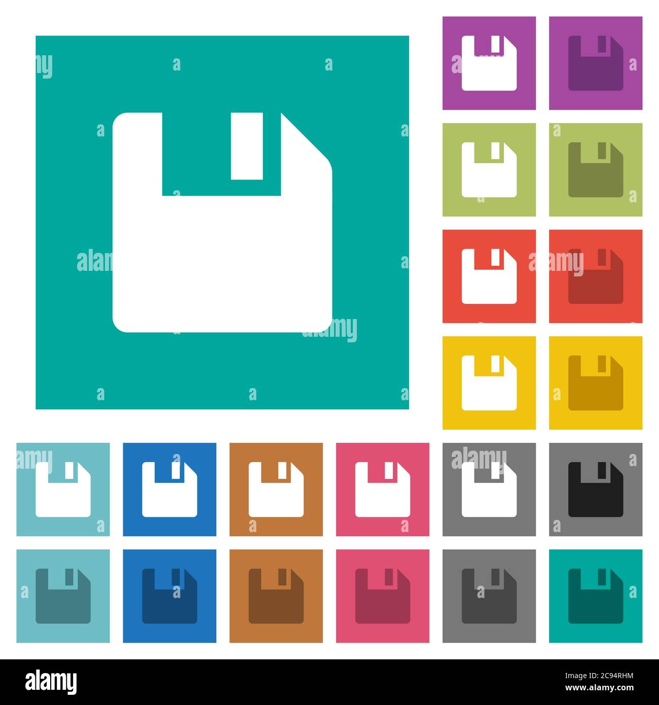 Save data multi colored flat icons on plain square backgrounds. Included white and darker icon variations for hover or active effects. Stock Vector