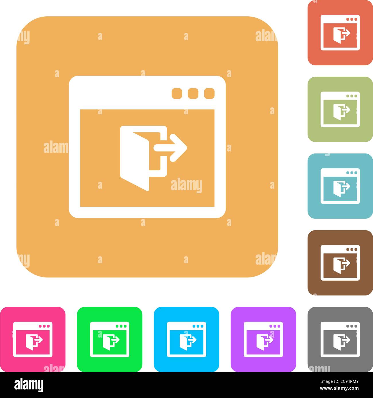 Application exit flat icons on rounded square vivid color backgrounds. Stock Vector