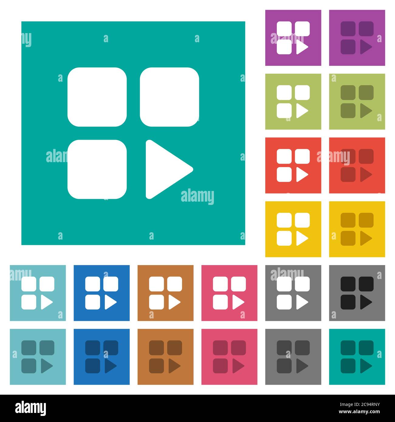 Component play multi colored flat icons on plain square backgrounds. Included white and darker icon variations for hover or active effects. Stock Vector