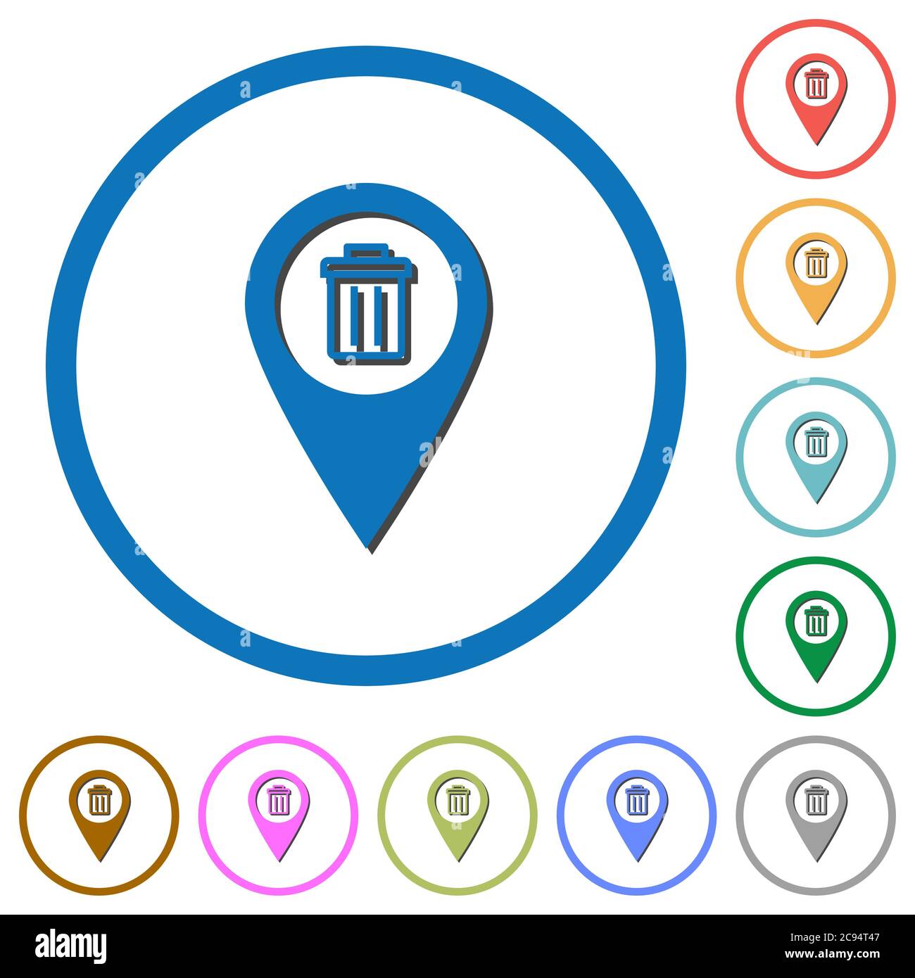 Delete GPS map location flat color vector icons with shadows in round ...