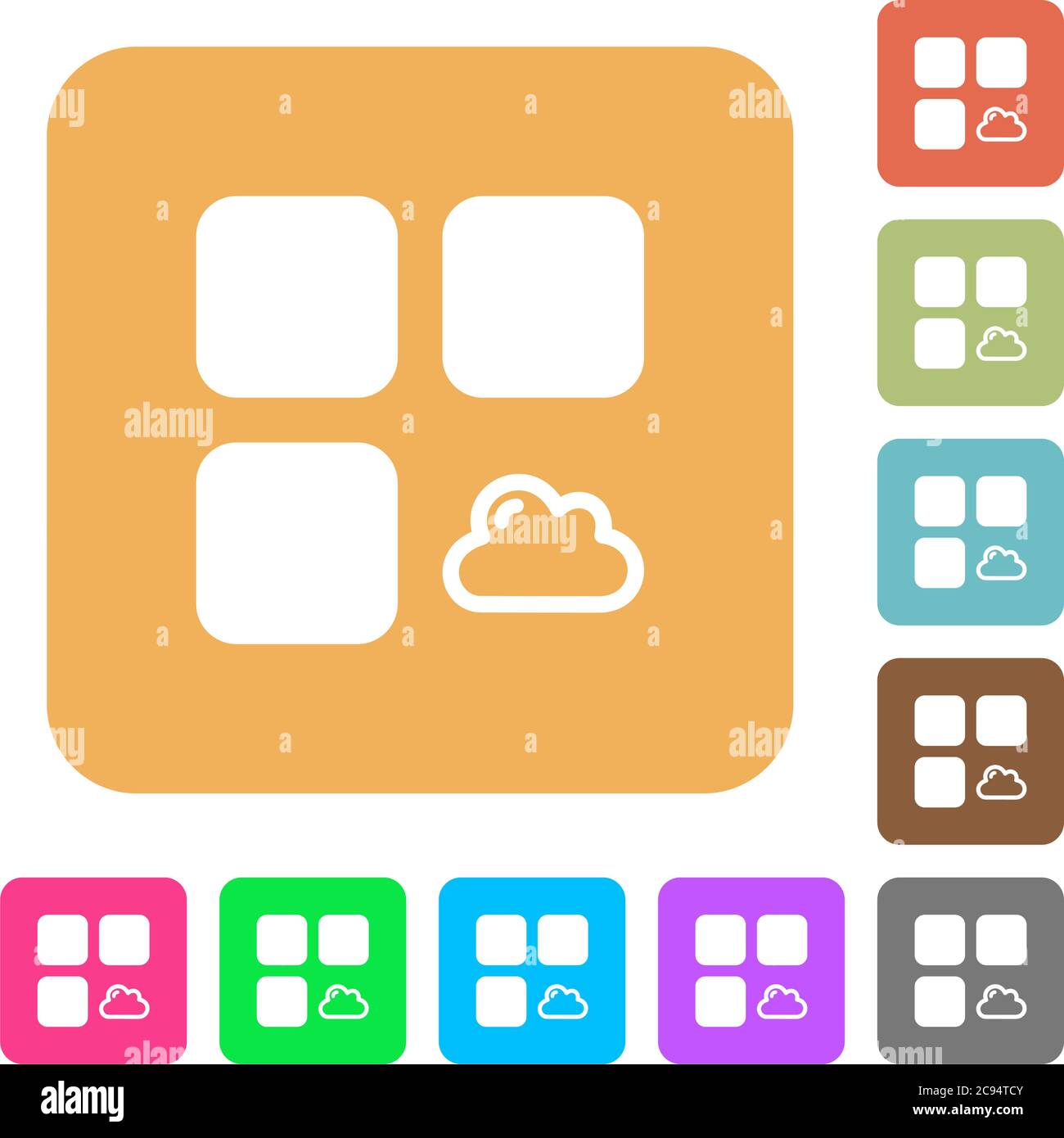 Cloud component flat icons on rounded square vivid color backgrounds. Stock Vector