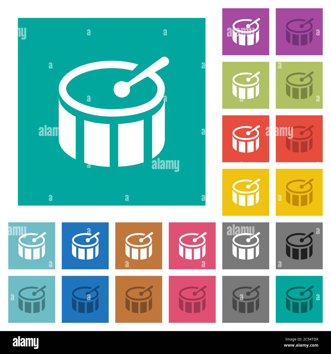 Drum multi colored flat icons on plain square backgrounds. Included white and darker icon variations for hover or active effects. Stock Vector