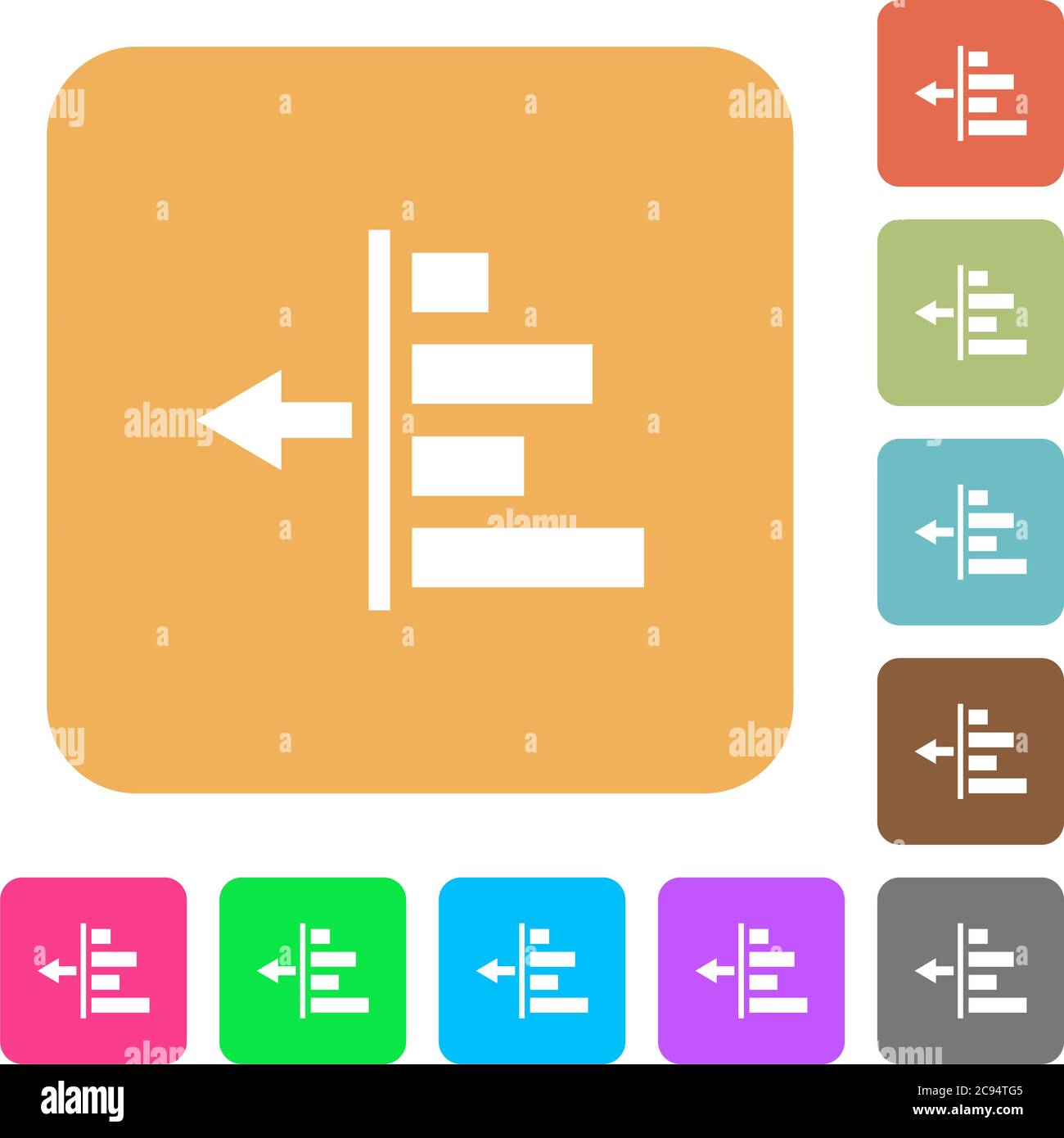 Decrease left indentation of content flat icons on rounded square vivid color backgrounds. Stock Vector