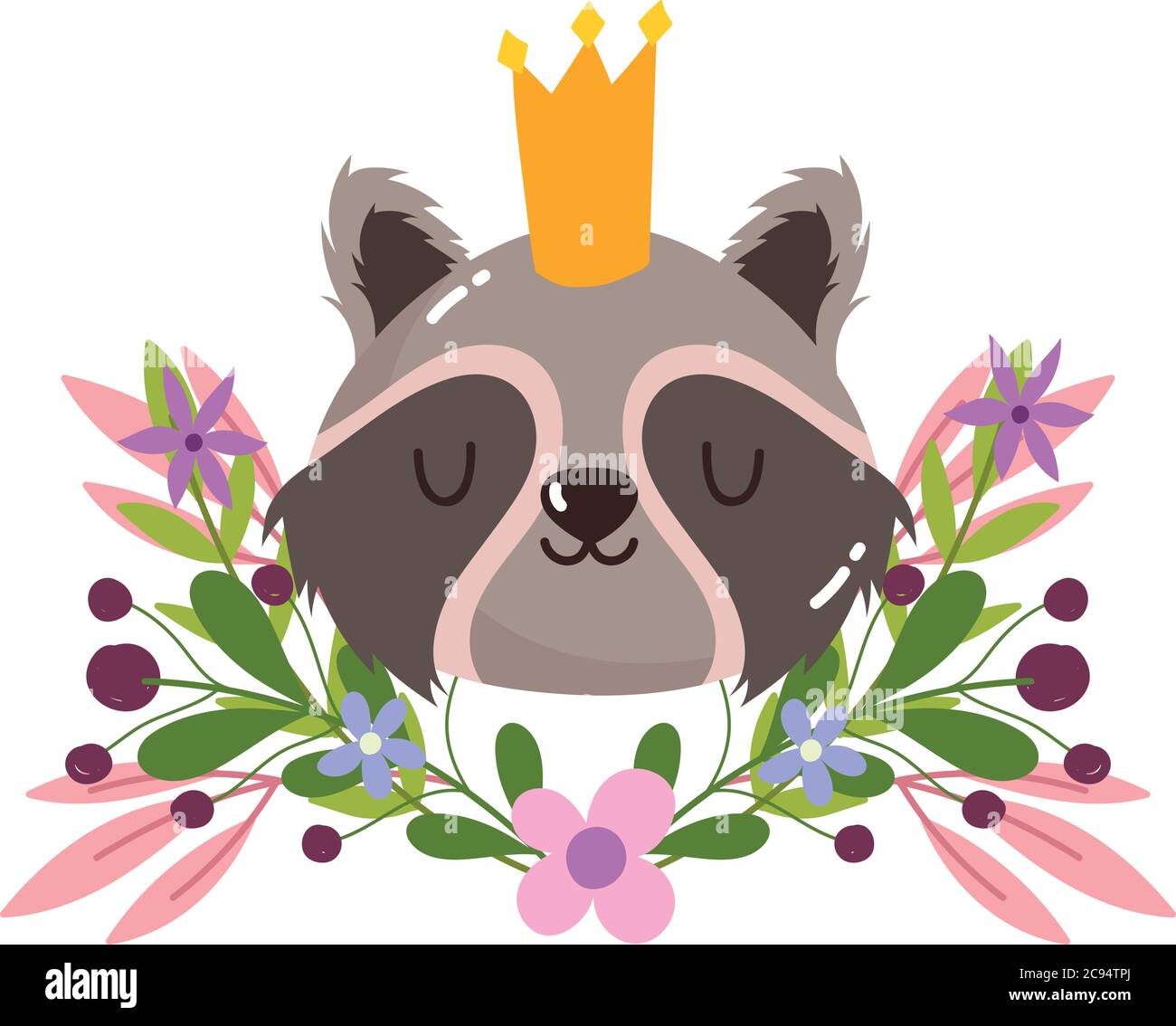 cute raccoon head with crown animal flowers foliage nature decoration cartoon vector illustration Stock Vector