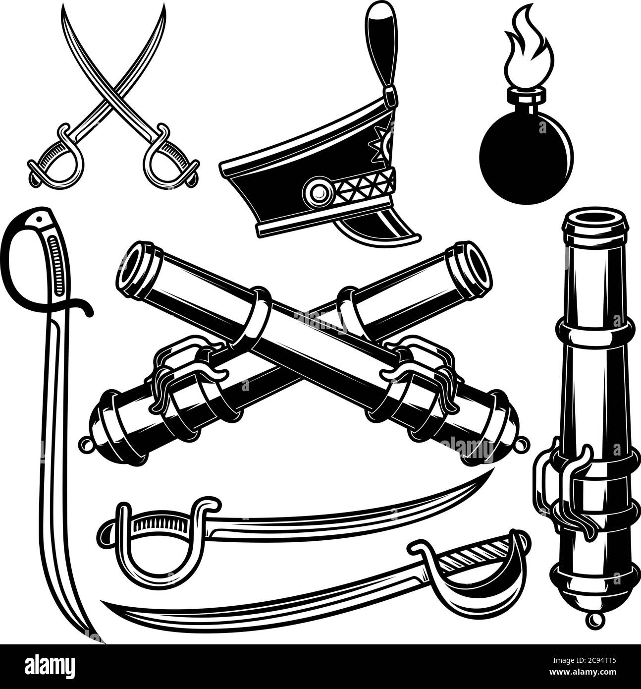 Set of illustrations of hussar weapon. Sabers, cannons. Design element for emblem, logo, label, sign. Vector illustration Stock Vector