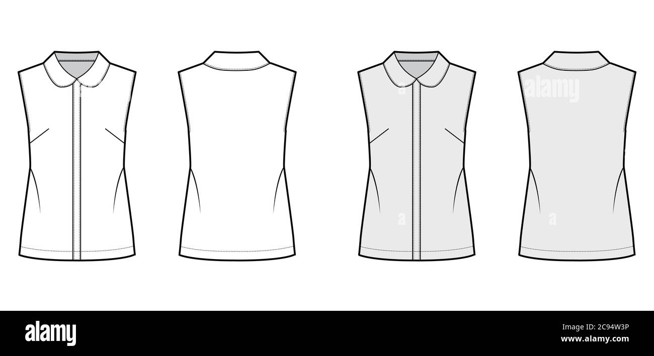 Blouse technical fashion illustration with round collar, sleeveless, loose silhouette, front button fastenings. Flat shirt apparel template front back white grey color. Women men unisex top CAD mockup Stock Vector