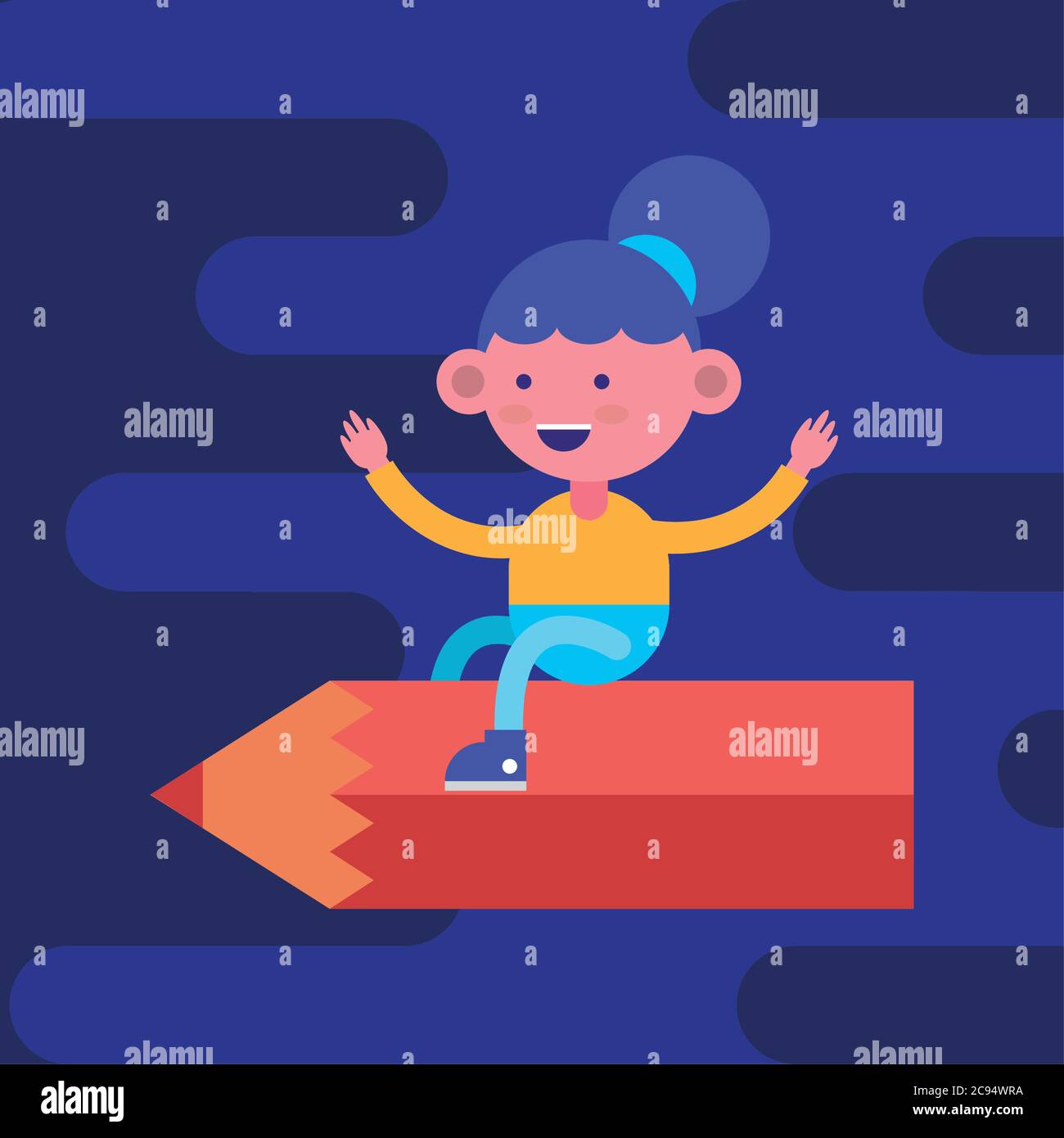 little student girl flying in pencil comic character vector ...