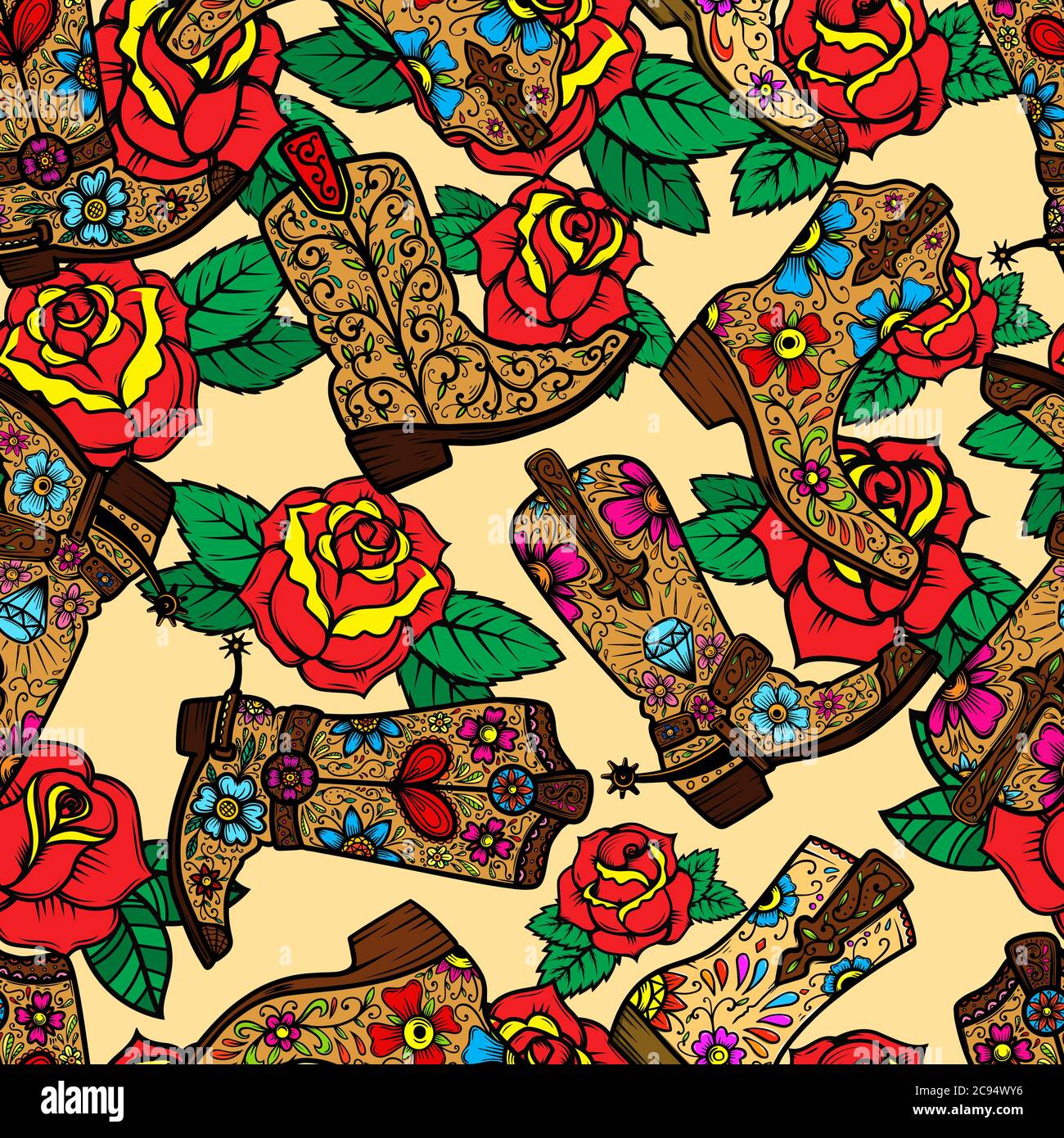 Seamless vintage pattern with cowboy boots and roses. Design element