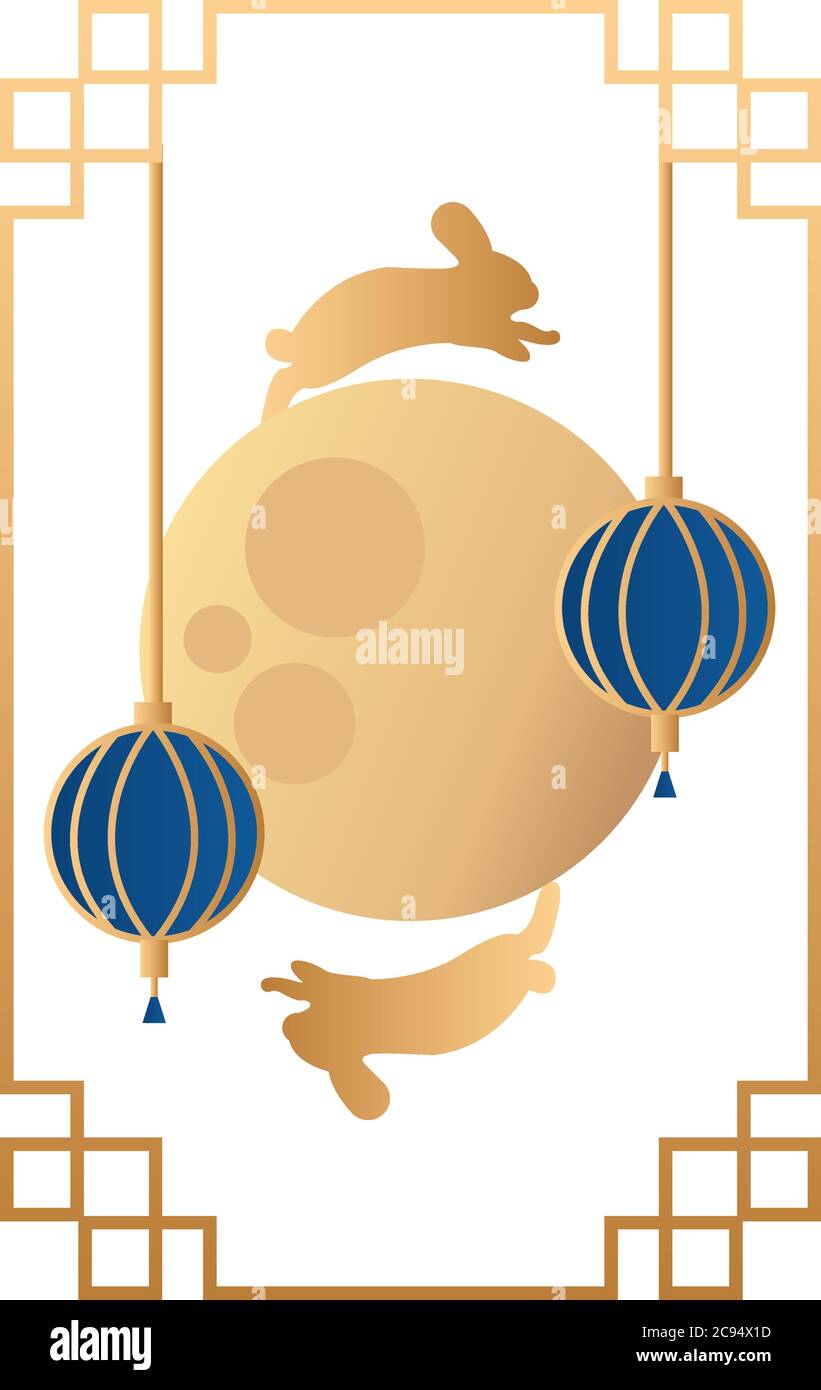 mid autumn festival moon with rabbits and lanterns hanging vector ...