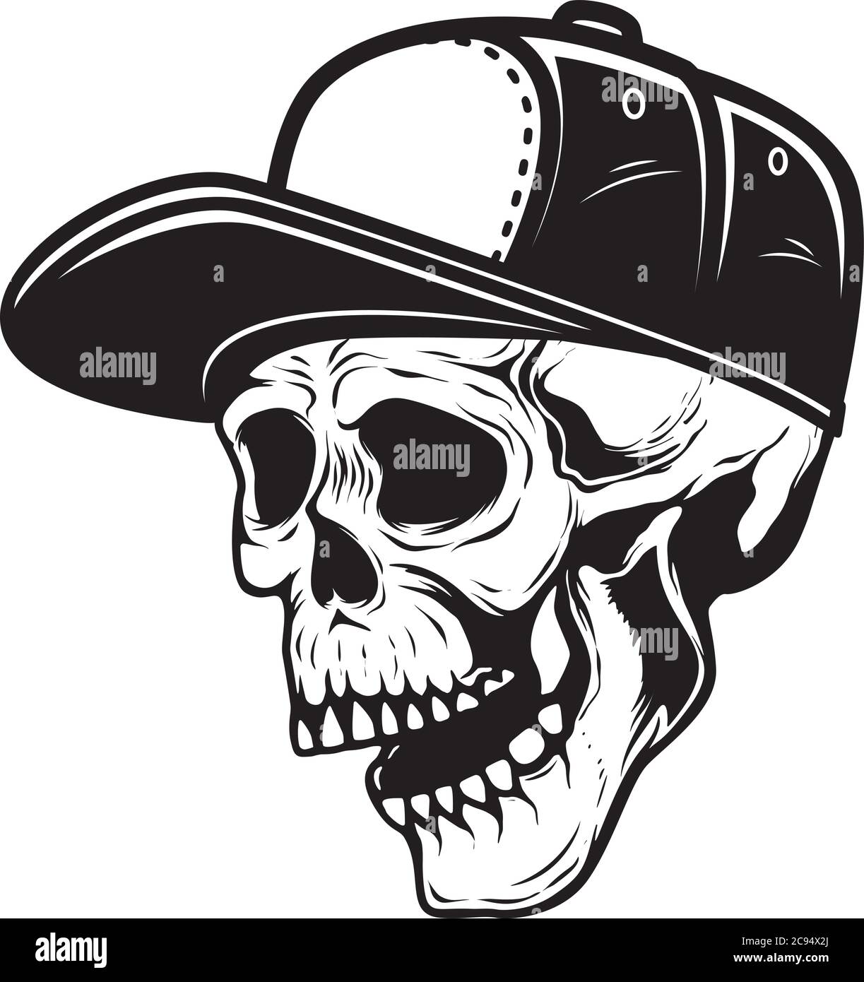 Illustration of skull in baseball cap 