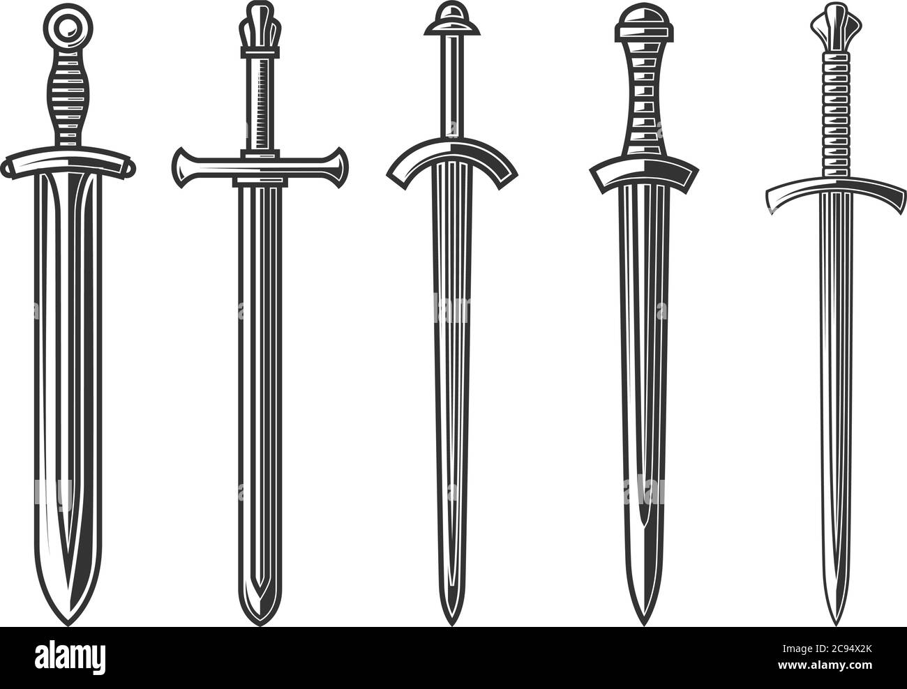 Set of illustrations of ancient swords in engraving style. Design element for logo, label, sign, poster, t shirt. Vector illustration Stock Vector