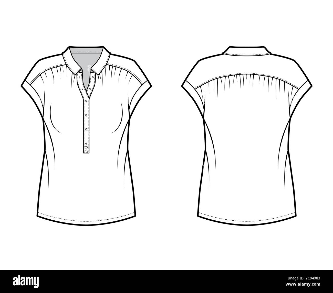 Henley top technical fashion illustration with loose silhouette, regular colar, sleeveless, gentle pleats. Flat blouse apparel template front, back white color. Women, men unisex shirt CAD mockup Stock Vector