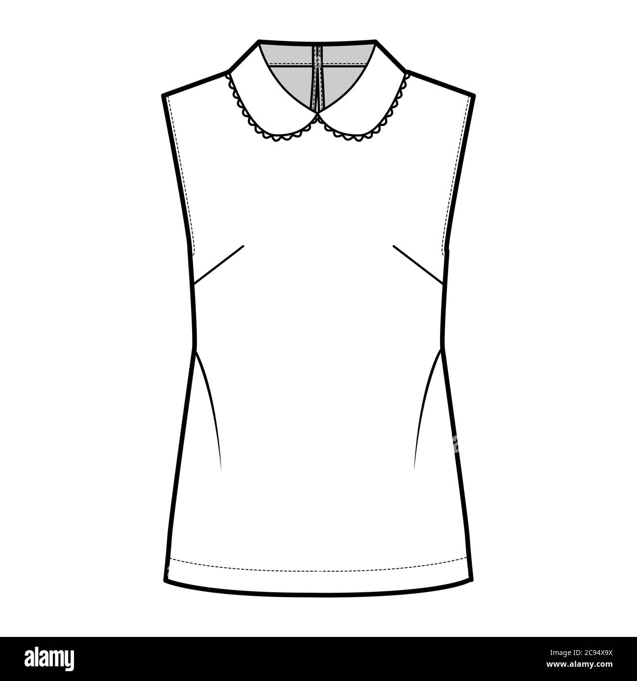 Blouse technical fashion illustration with loose silhouette, sleeveless, round collar trimmed with scalloped lace. Flat shirt apparel template front, white color. Women, men unisex top CAD mockup Stock Vector