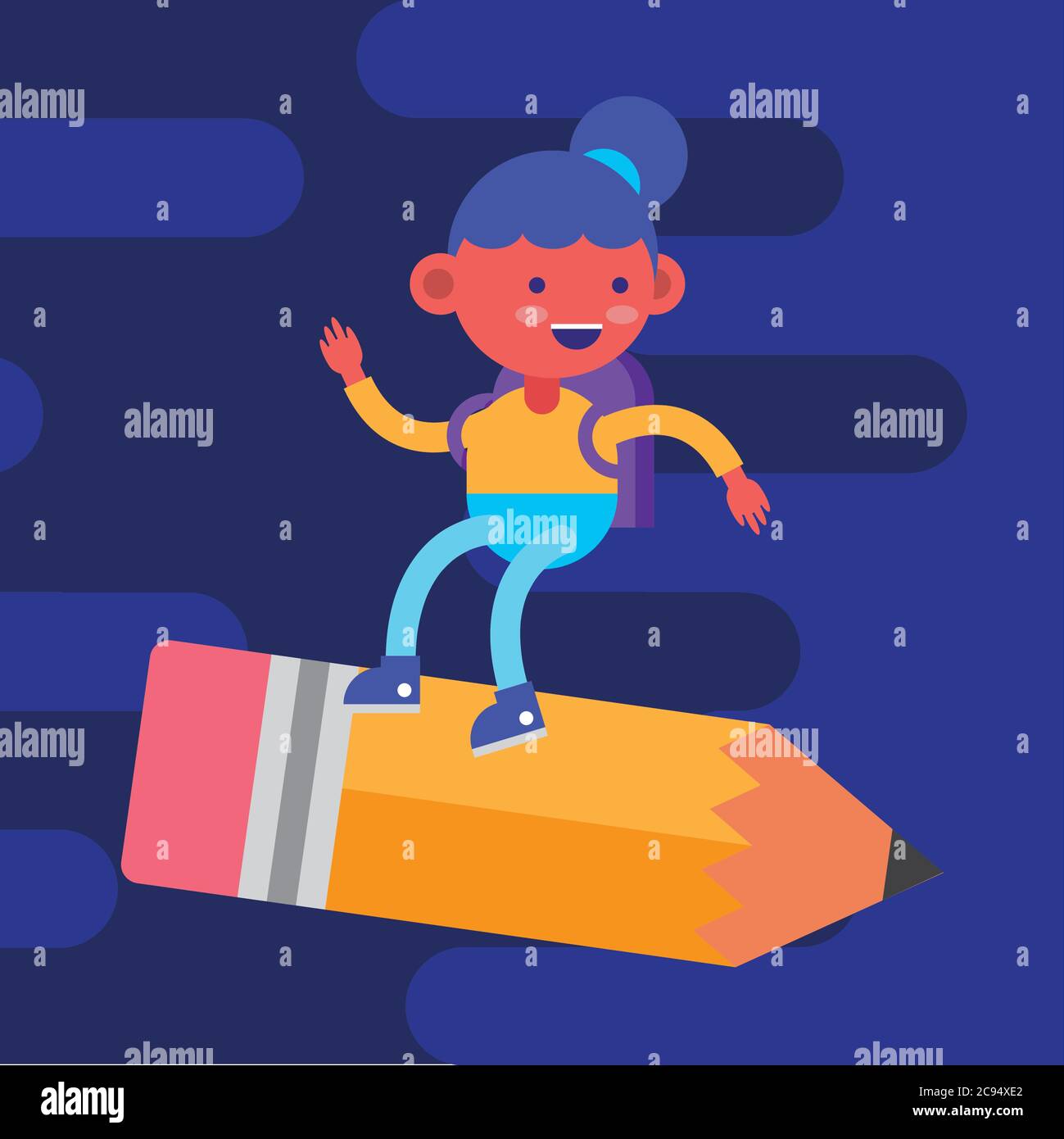little student girl flying in pencil comic character vector ...