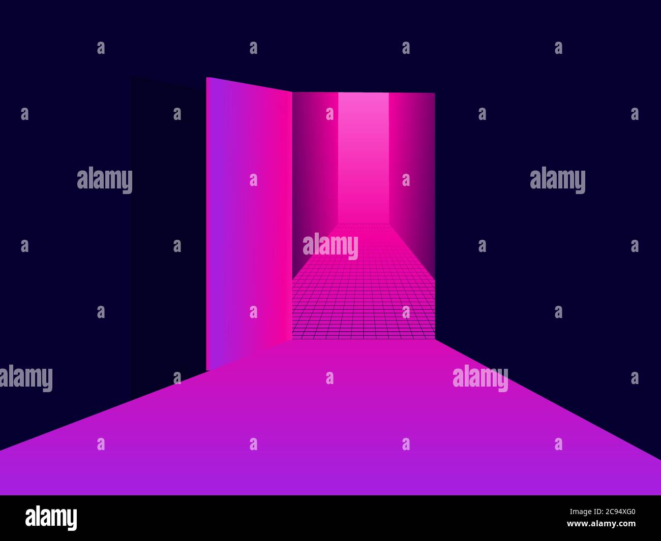 Entering virtual reality. Light from an open door, pink purple gradient. Open door to 80s retro sci-fi virtual reality. Synthwave and retrowave style. Stock Vector
