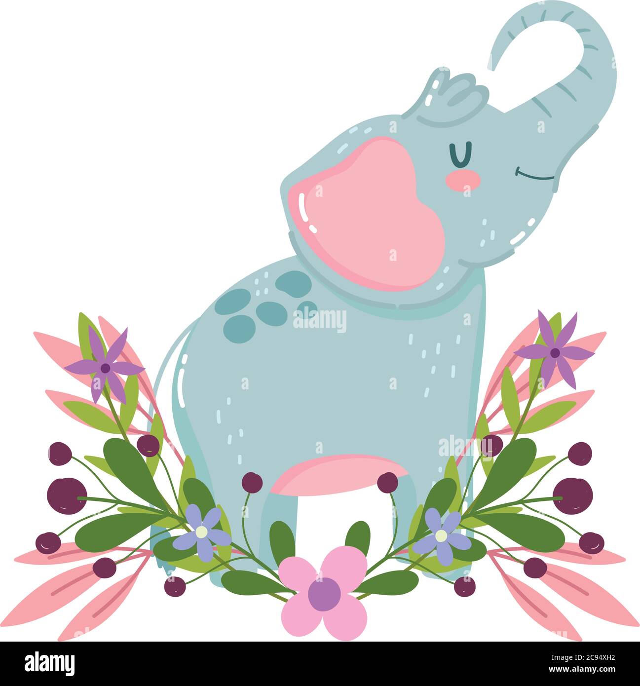 cute animal elephant flowers foliage nature decoration cartoon vector ...