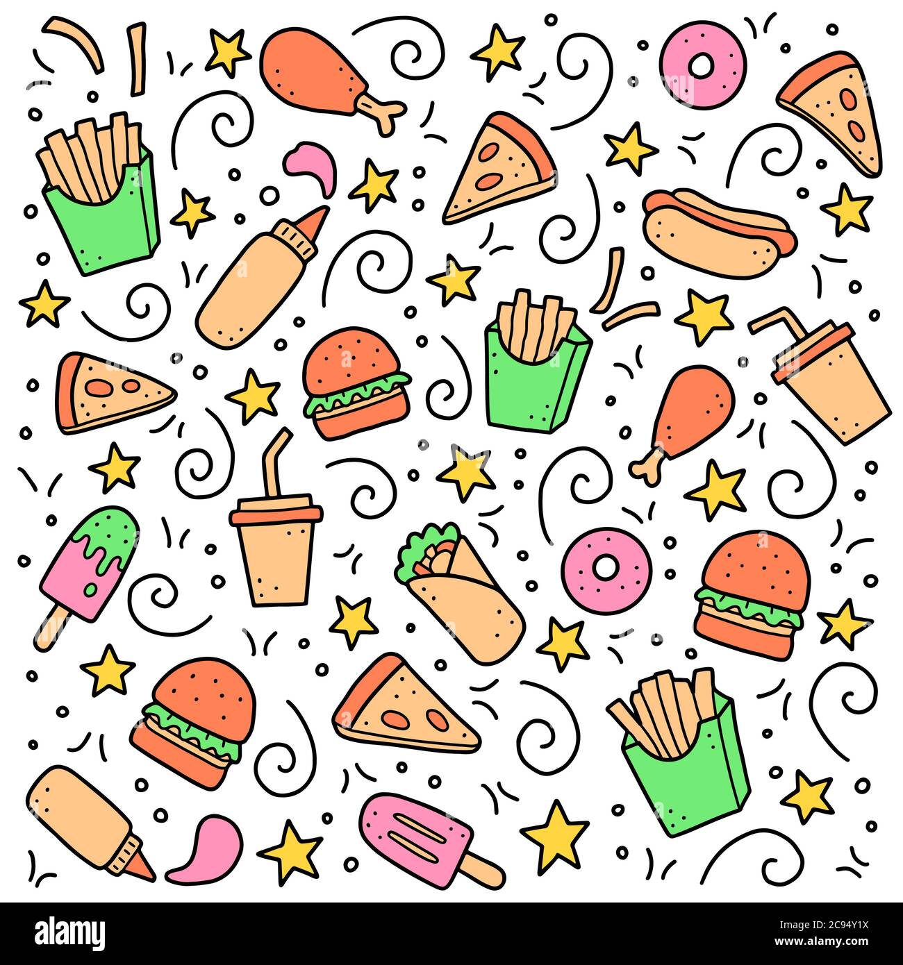 Hand drawn set of fast food elements, burger, pizza, sandwich ...