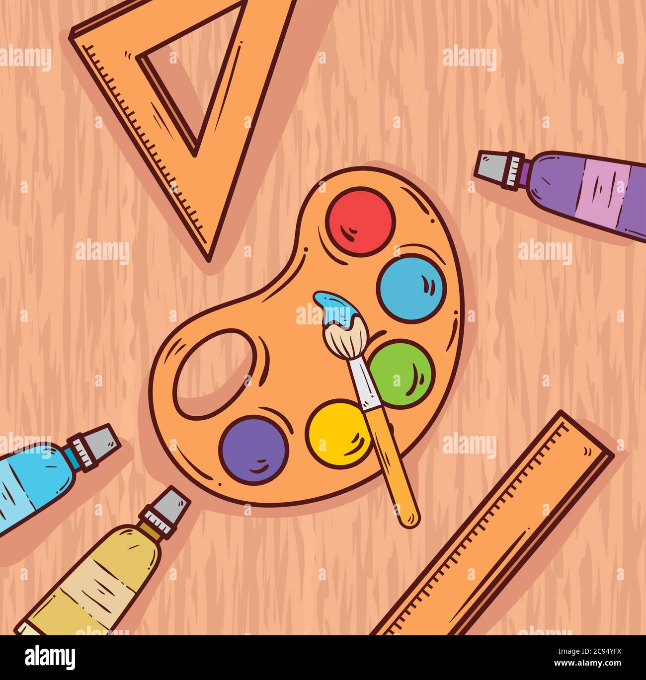 art palette with paints and brush on wooden background Stock Vector ...