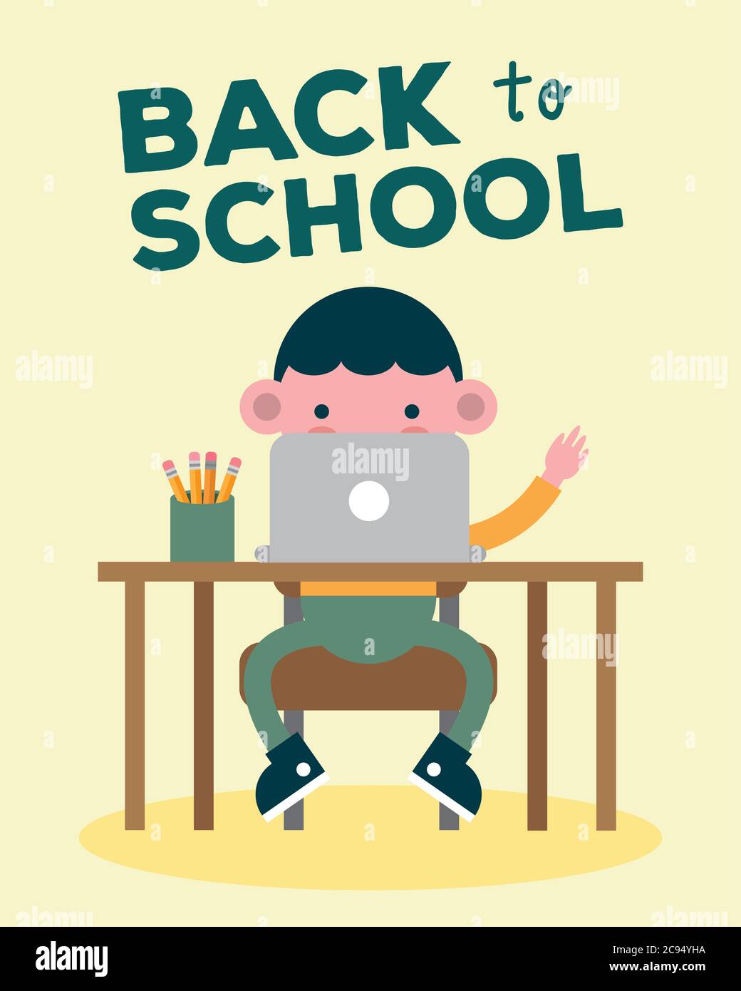 little student boy in desk using laptop comic character vector ...