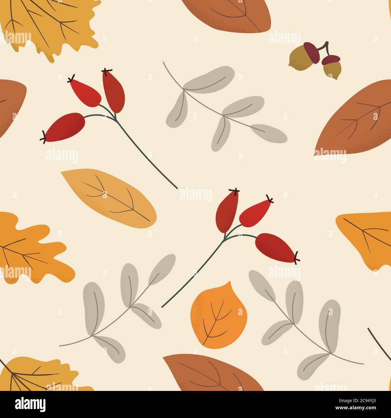 Seasonal autumn hand drawn seamless vector pattern.Fall decorative endless background with dried leaves,acorns and berries.Foliage backdrop Stock Vector