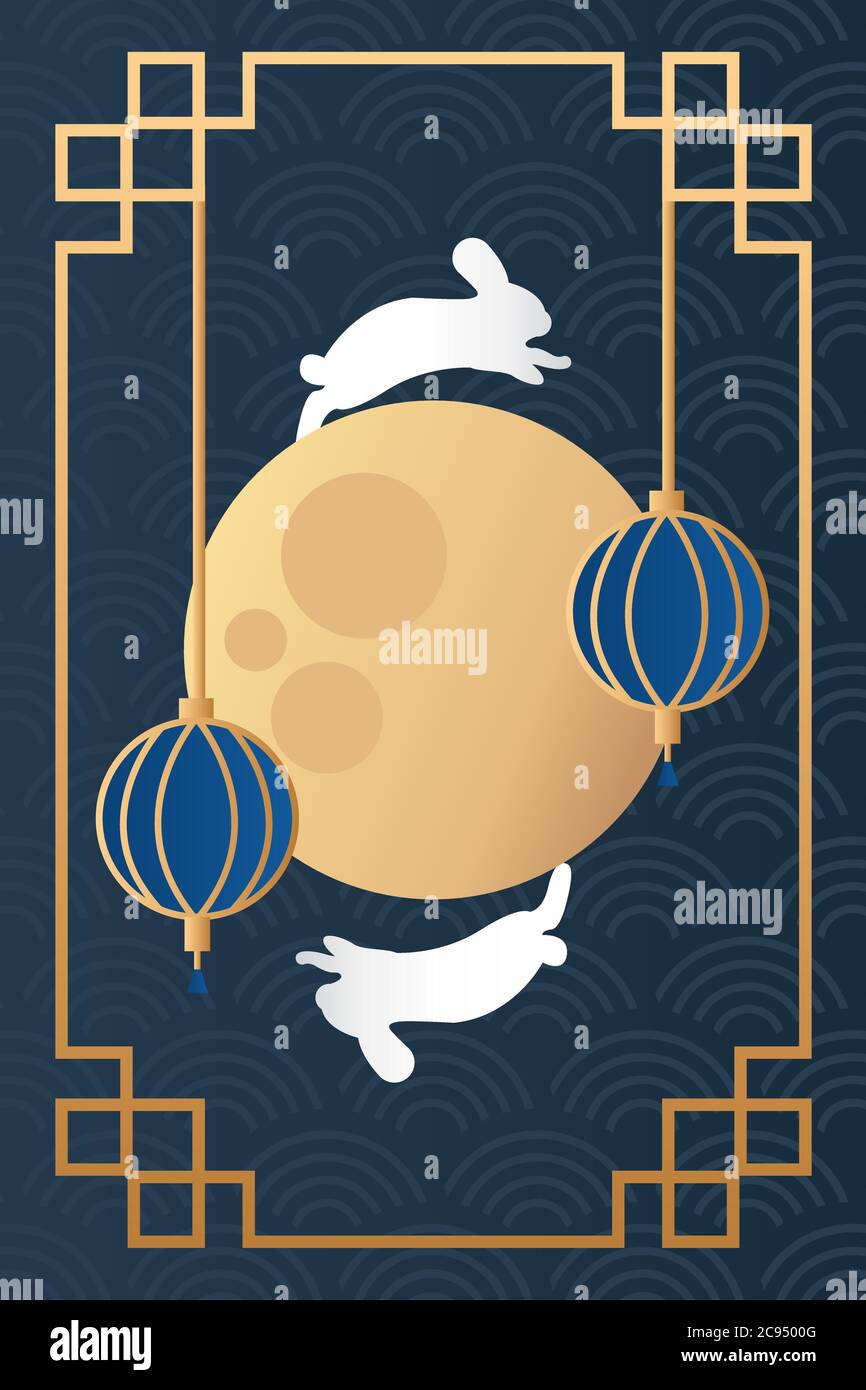 mid autumn festival poster with moon and lanterns hanging vector ...